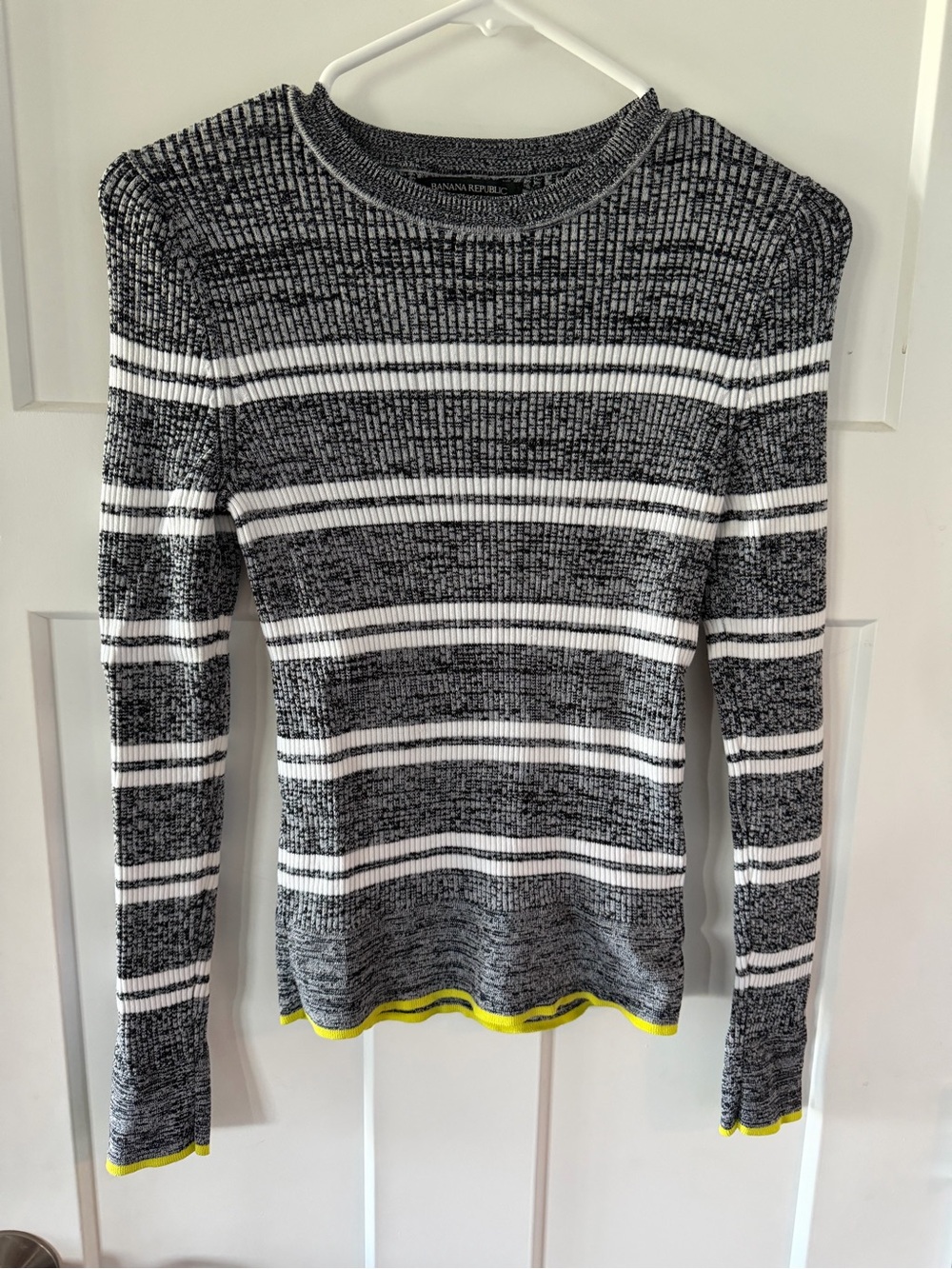 Banana Republic Gray & White Striped Crewneck Sweater with Neon Yellow Trim